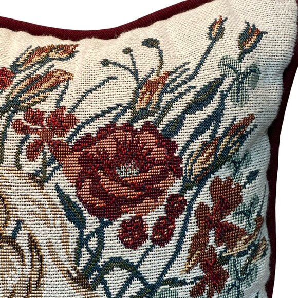 Rabbit & Floral Tapestry Throw Pillow Cover With Burgundy Trim 18x18 Inches - Picture 3 of 11